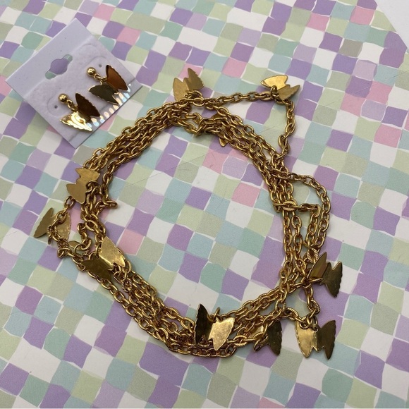 SARAH COVENTRY Butterfly Chain Necklace & Earrings Set Gold Tone Long Necklace - Picture 10 of 10